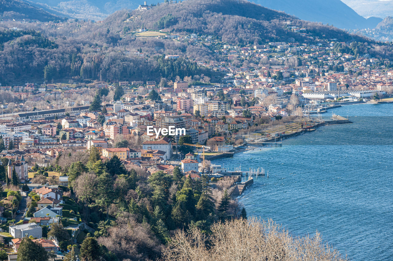 Aerial view of luino and the lake maggiore