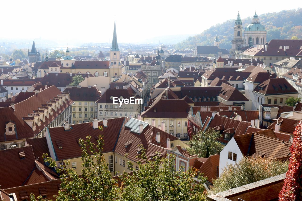 High angle view of buildings in town