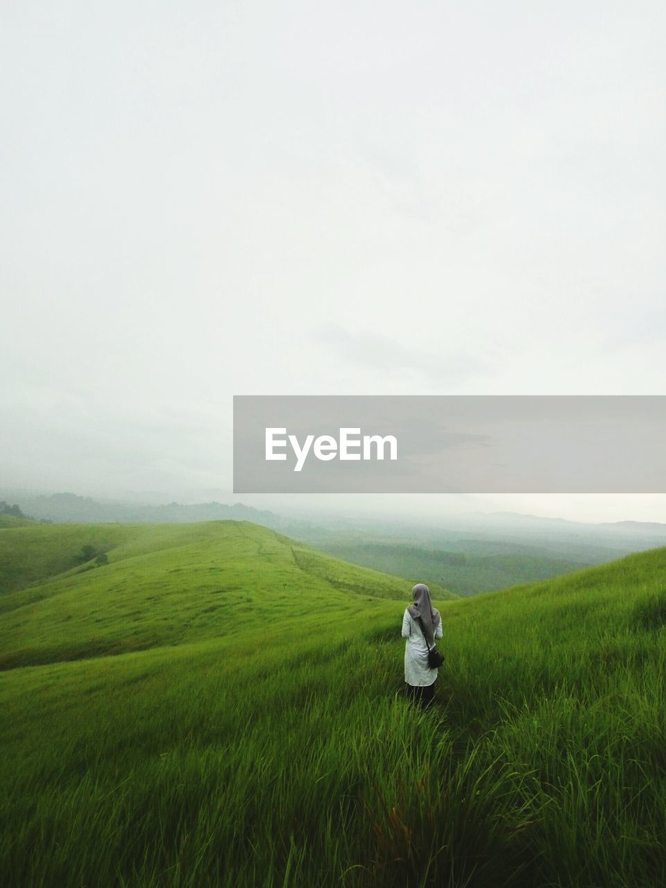 Rear view of woman standing on green terraced field against sky