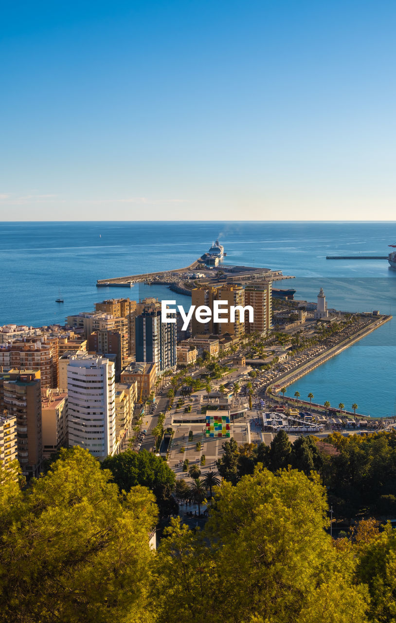 Aerial view of malaga taken from gibralfaro castle including port of malaga, andalucia, spain.
