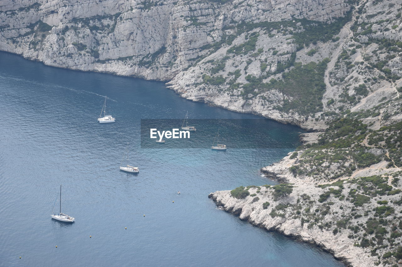 High angle view of sailboat on sea