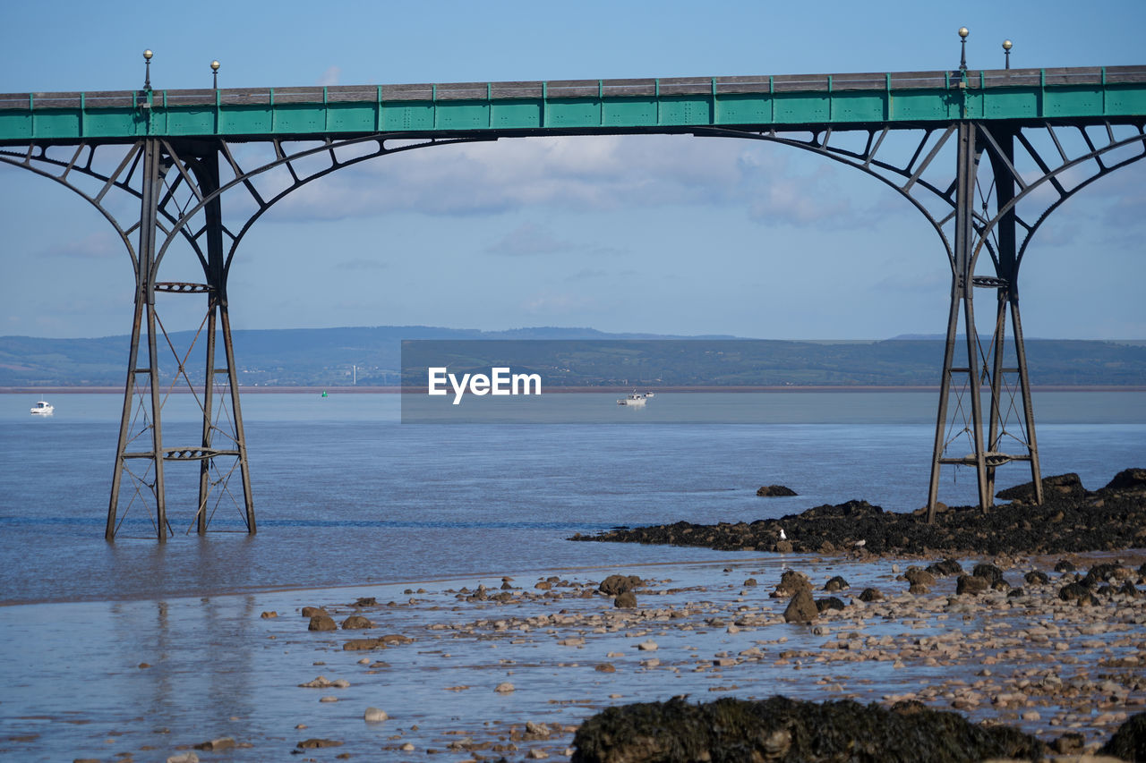 Panoramic photo of clevedon pier in somerset showing iron structure against blue sky