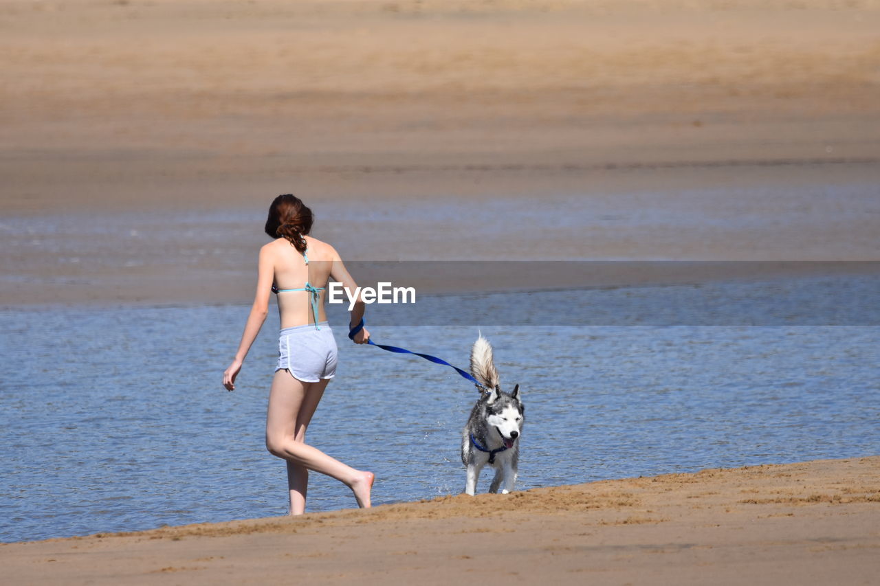 FULL LENGTH OF MAN WITH DOG ON BEACH