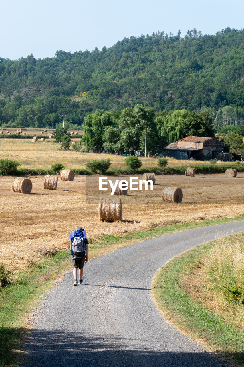 Rear view of man walking on road against mountains