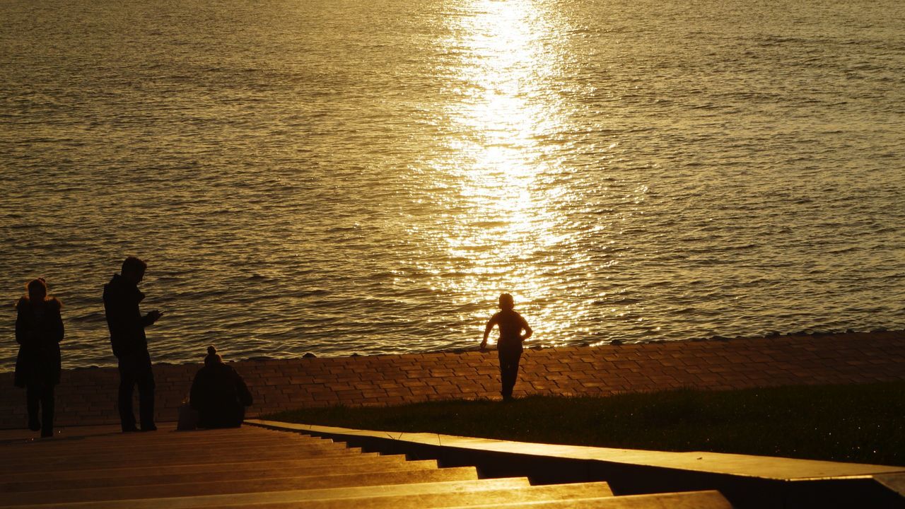 Silhouette people at beach during sunset