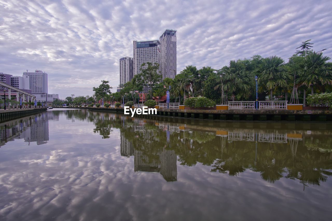 REFLECTION OF BUILDINGS ON LAKE