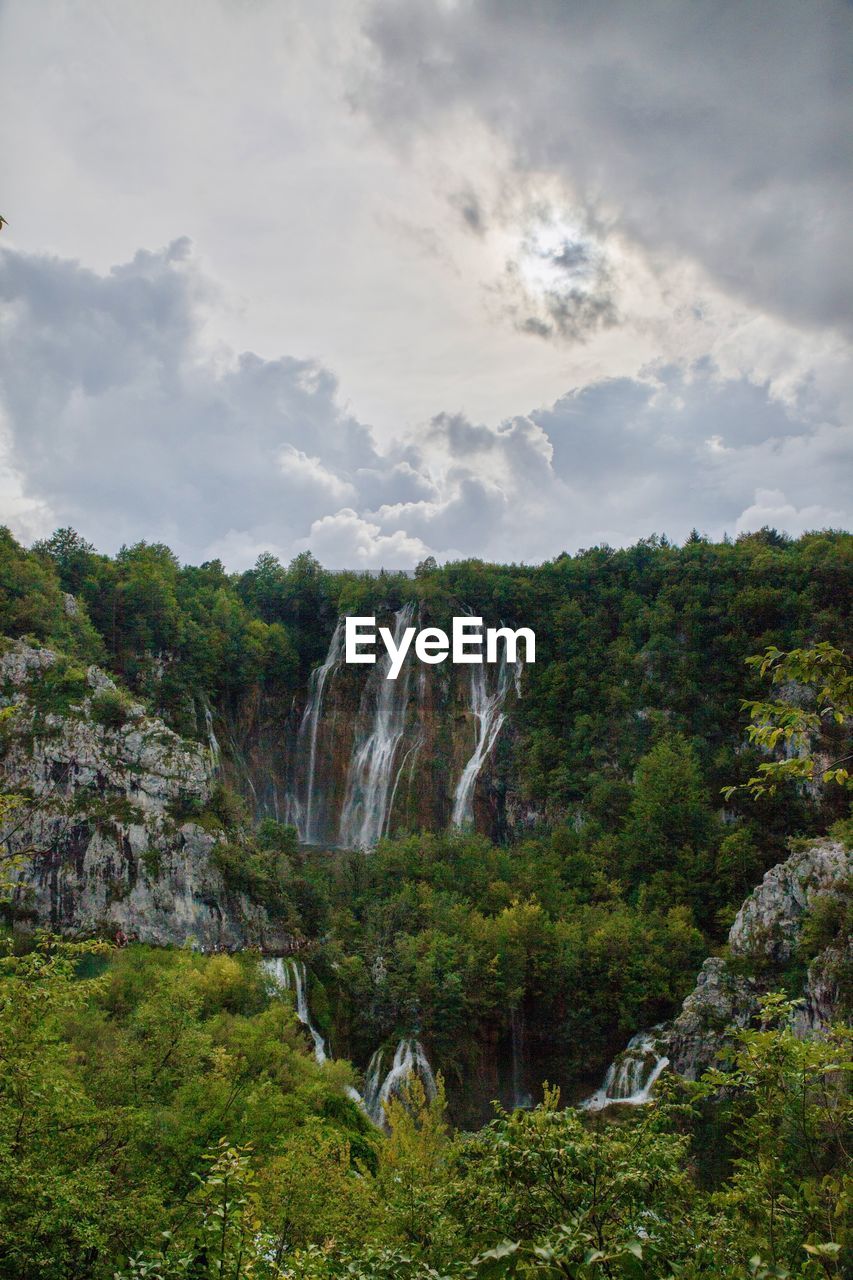 Scenic view of a waterfall surrounded by green