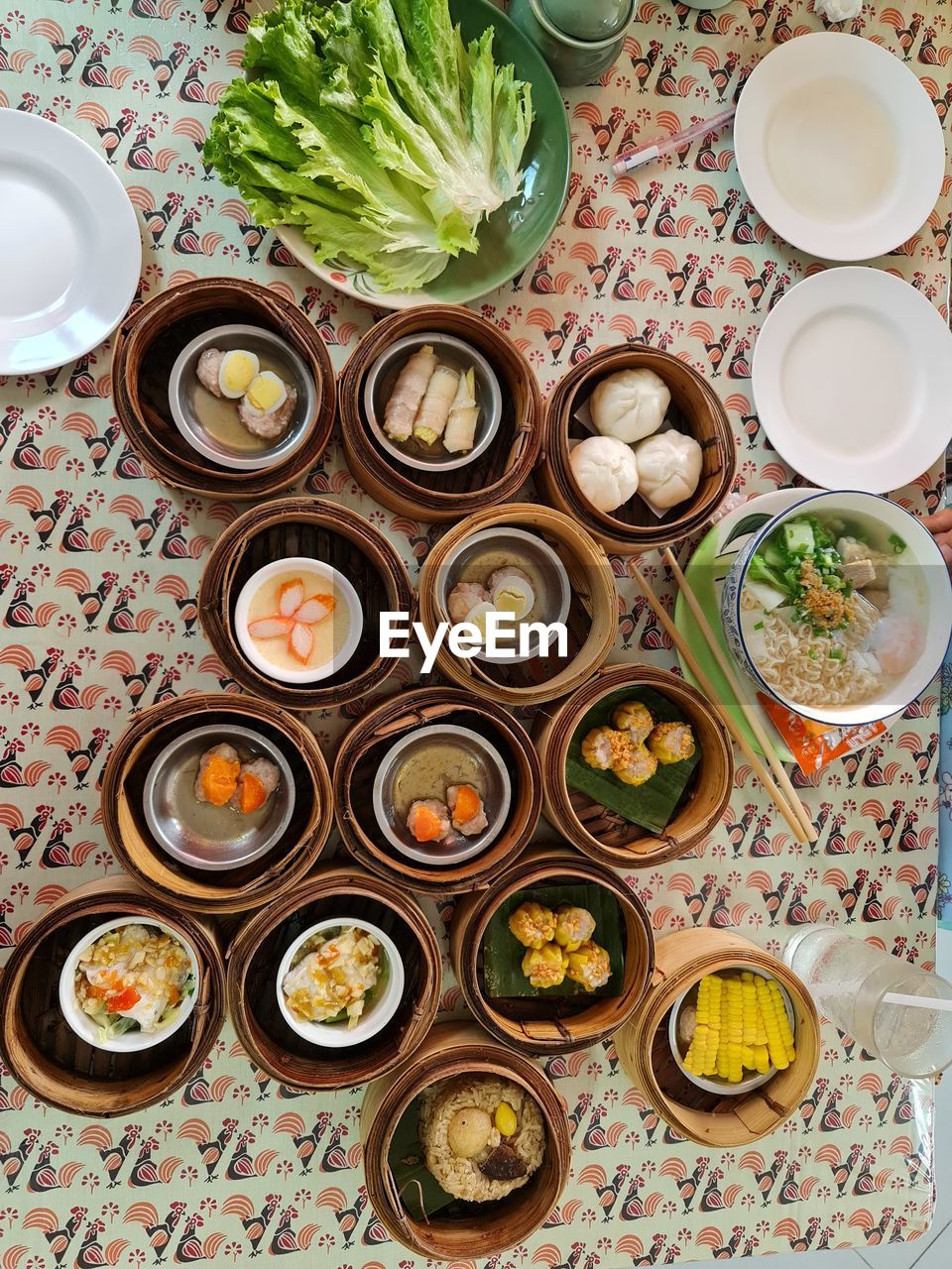 food and drink, food, healthy eating, high angle view, wellbeing, tableware, platter, freshness, table, plate, vegetable, meal, no people, indoors, directly above, still life, abundance, variation, dish, large group of objects, bowl, household equipment, crockery, cuisine, asian food