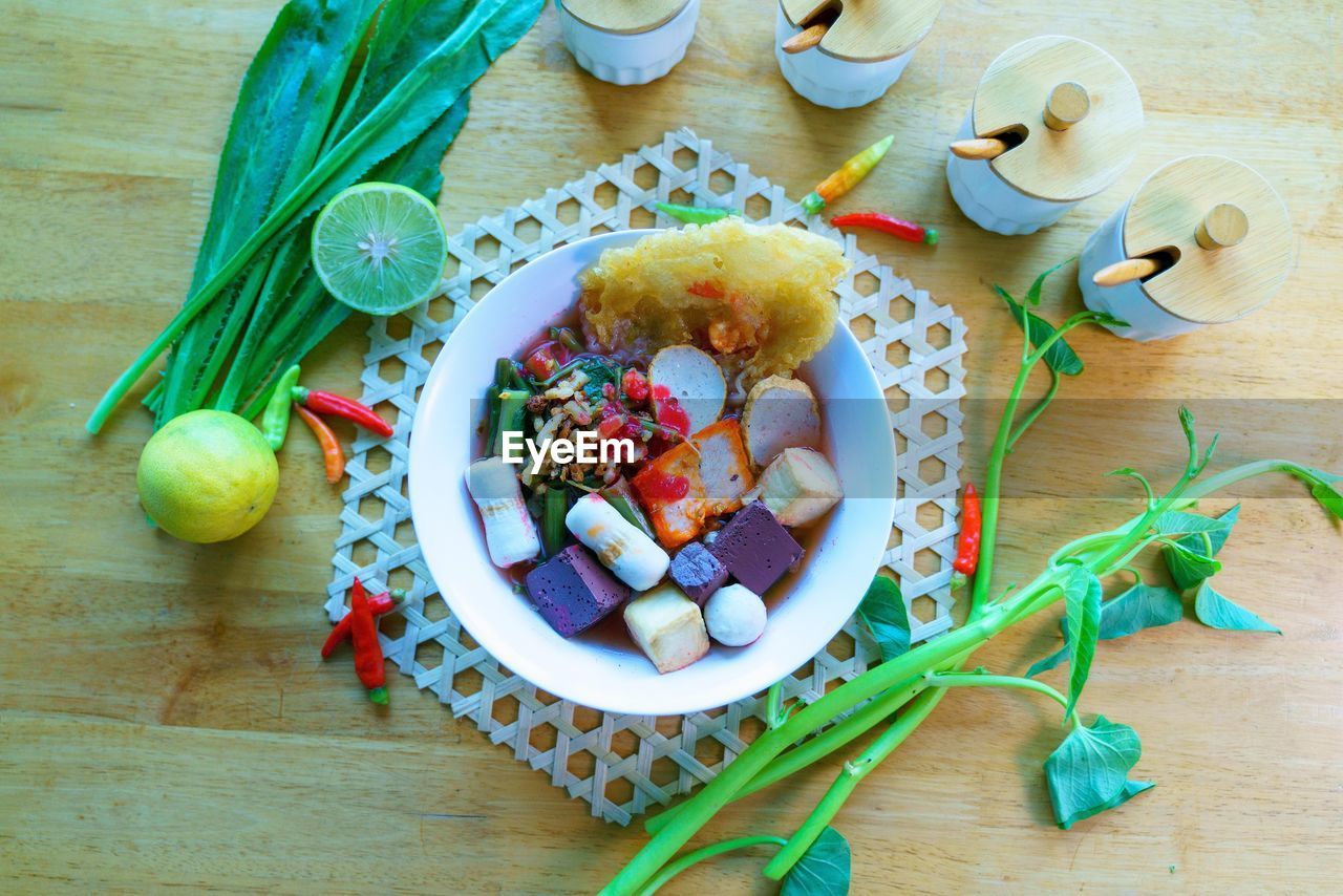 high angle view of food in plate on table