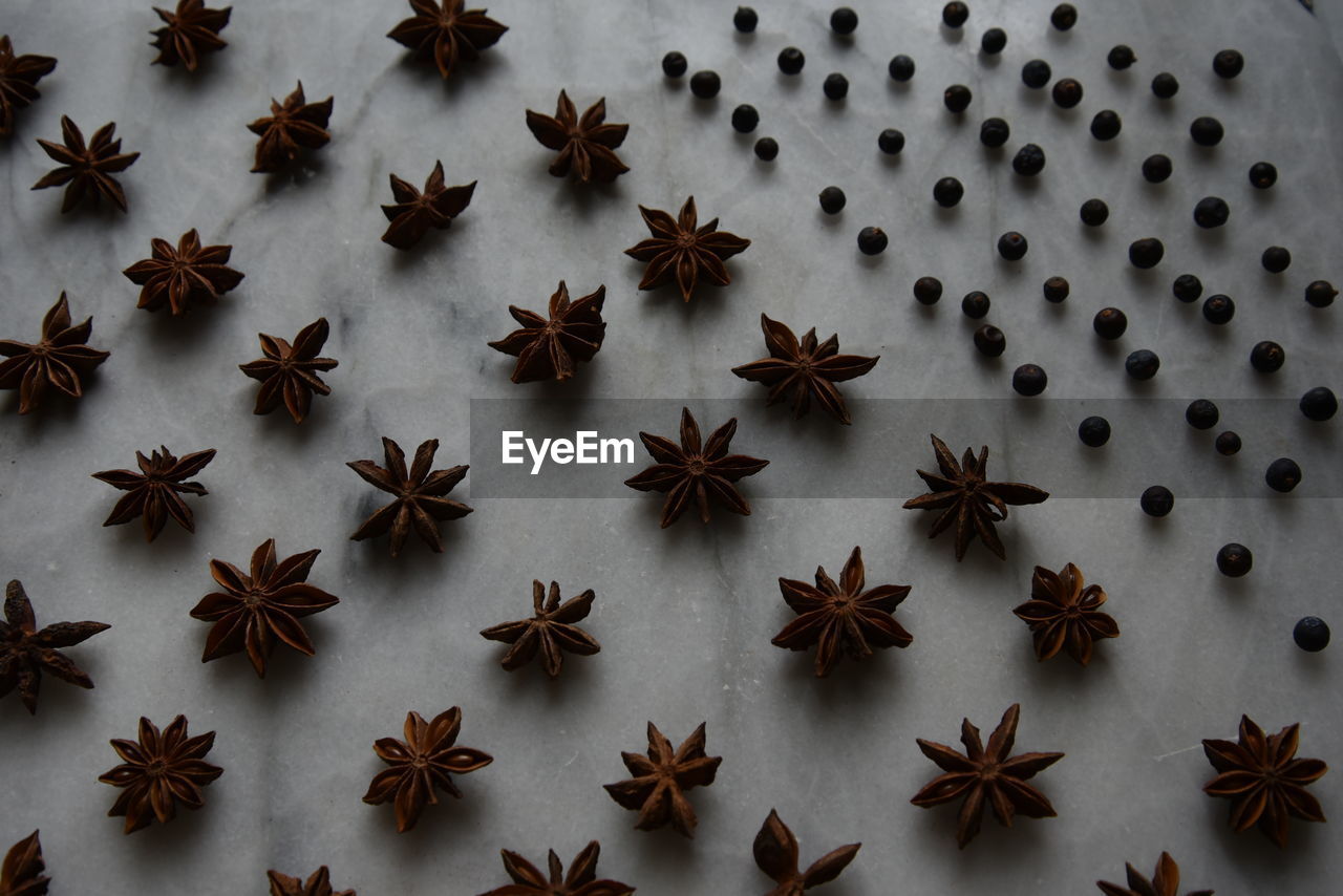 High angle view of spices on white background