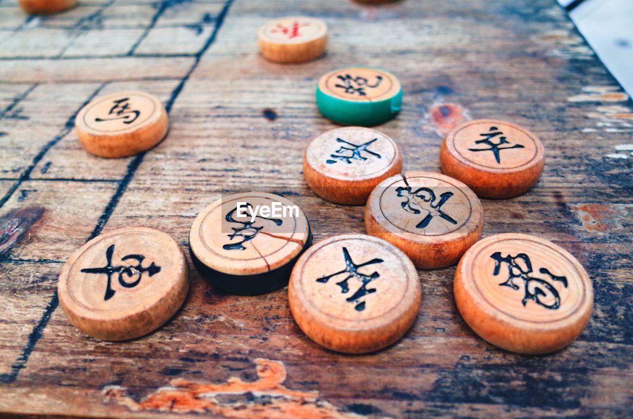 HIGH ANGLE VIEW OF TEXT ON WOODEN TABLE