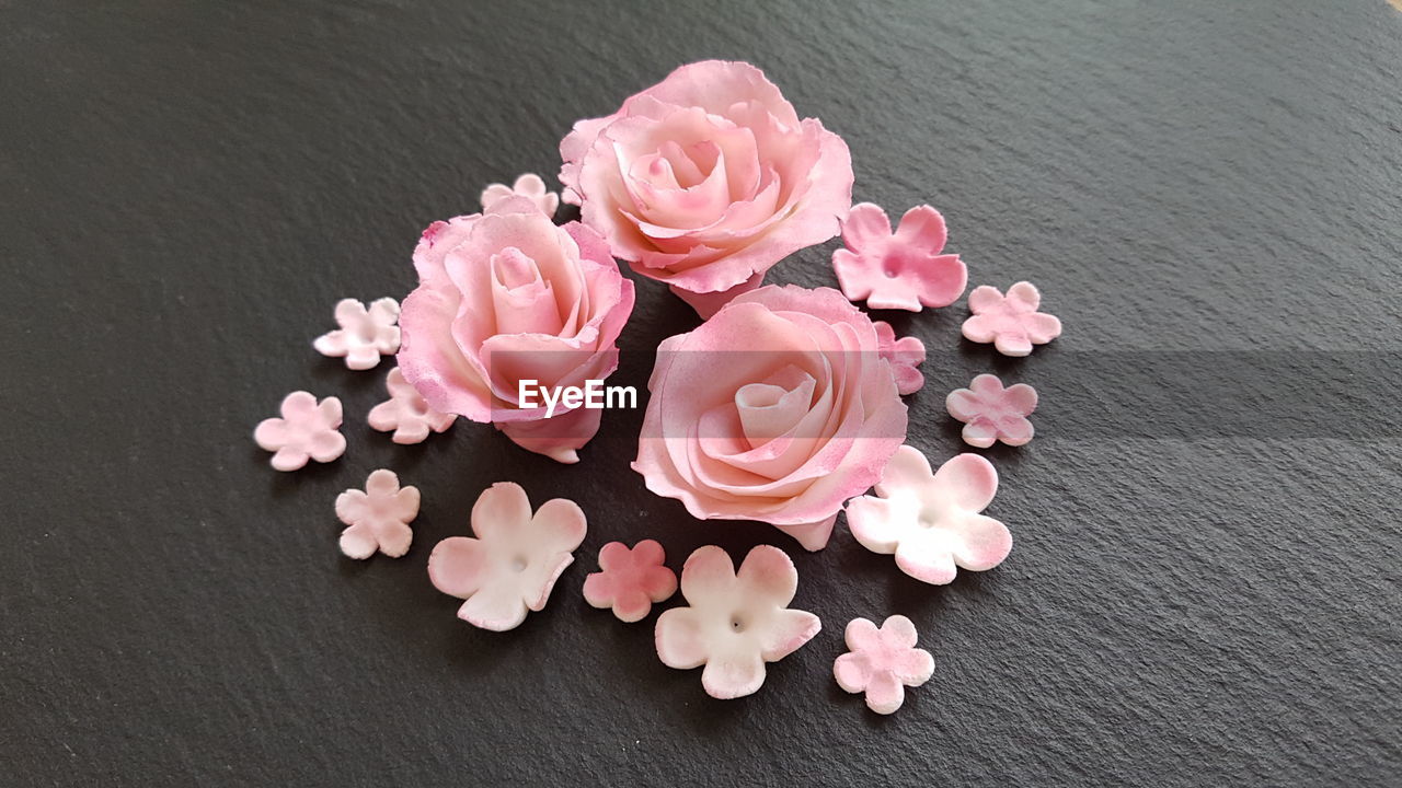 HIGH ANGLE VIEW OF PINK FLOWER ON TABLE