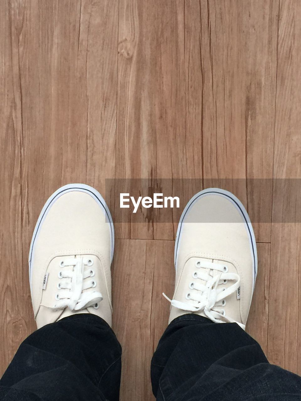 Low section of man standing on wooden floor