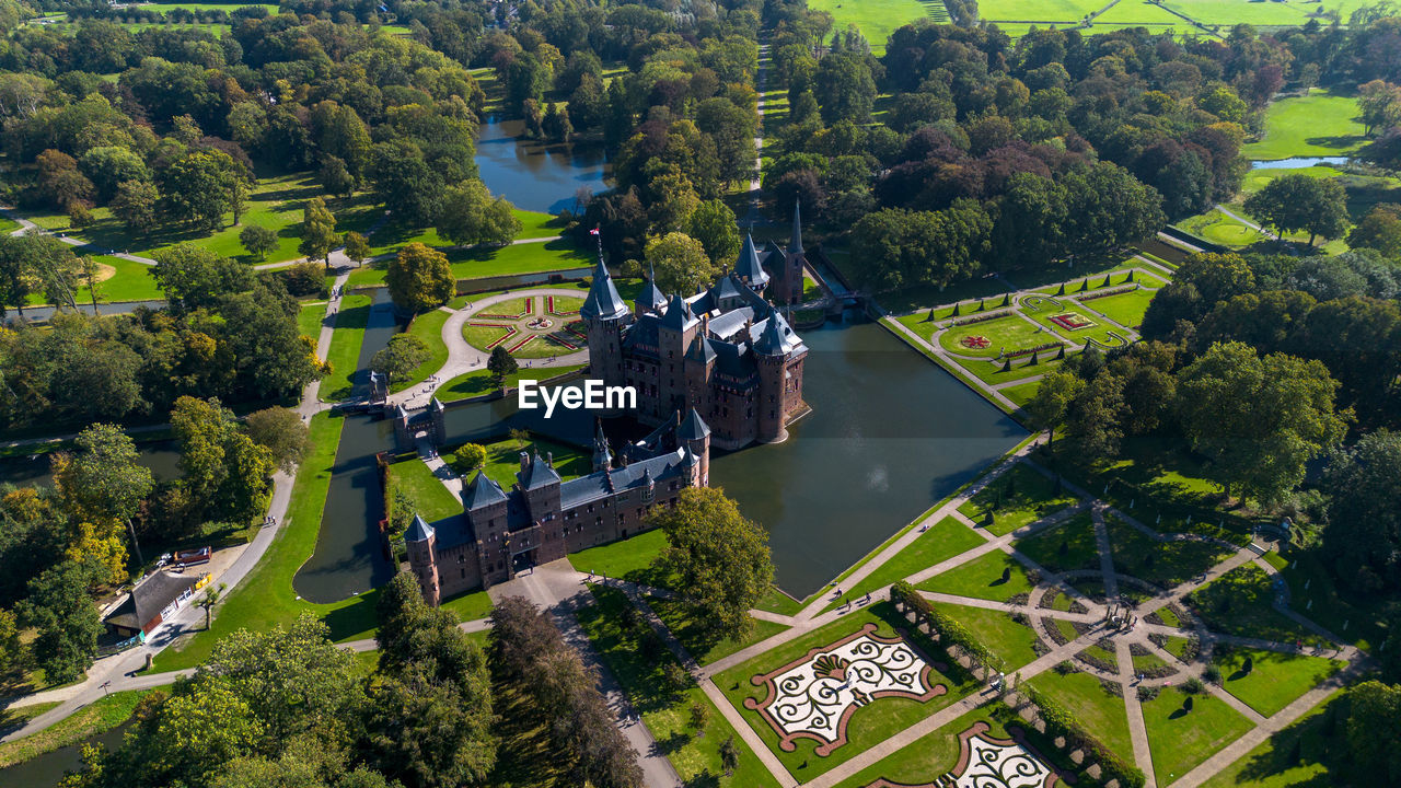 Top view of the largest castle in the netherlands, de haar. quadcopter flight over the castle