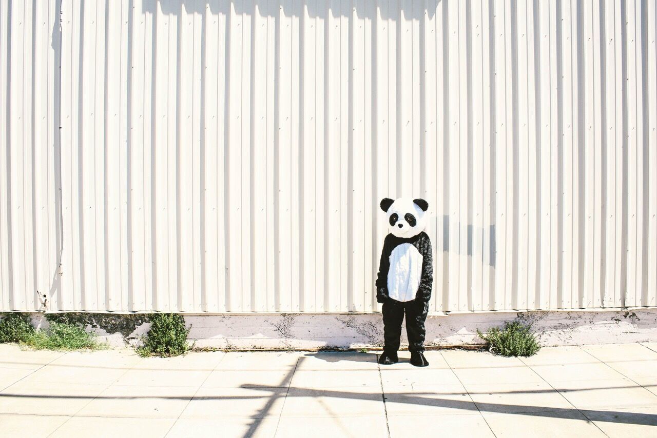 Person in panda costume standing on sidewalk