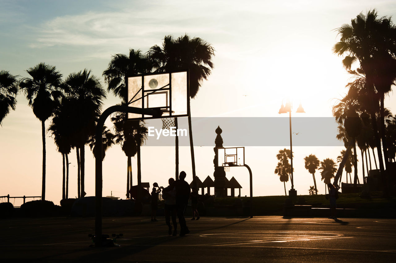 SILHOUETTE PEOPLE BY PALM TREES ON STREET AGAINST SKY