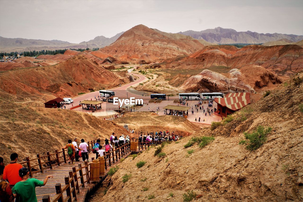 Wooden stairs for a view of the rainbow mountain 