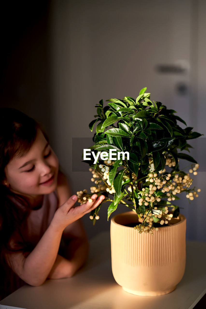 A girl looks at a home plant with berries in a clay pot.