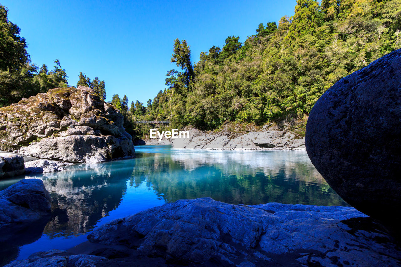 SCENIC VIEW OF RIVER AMIDST TREES AGAINST CLEAR BLUE SKY