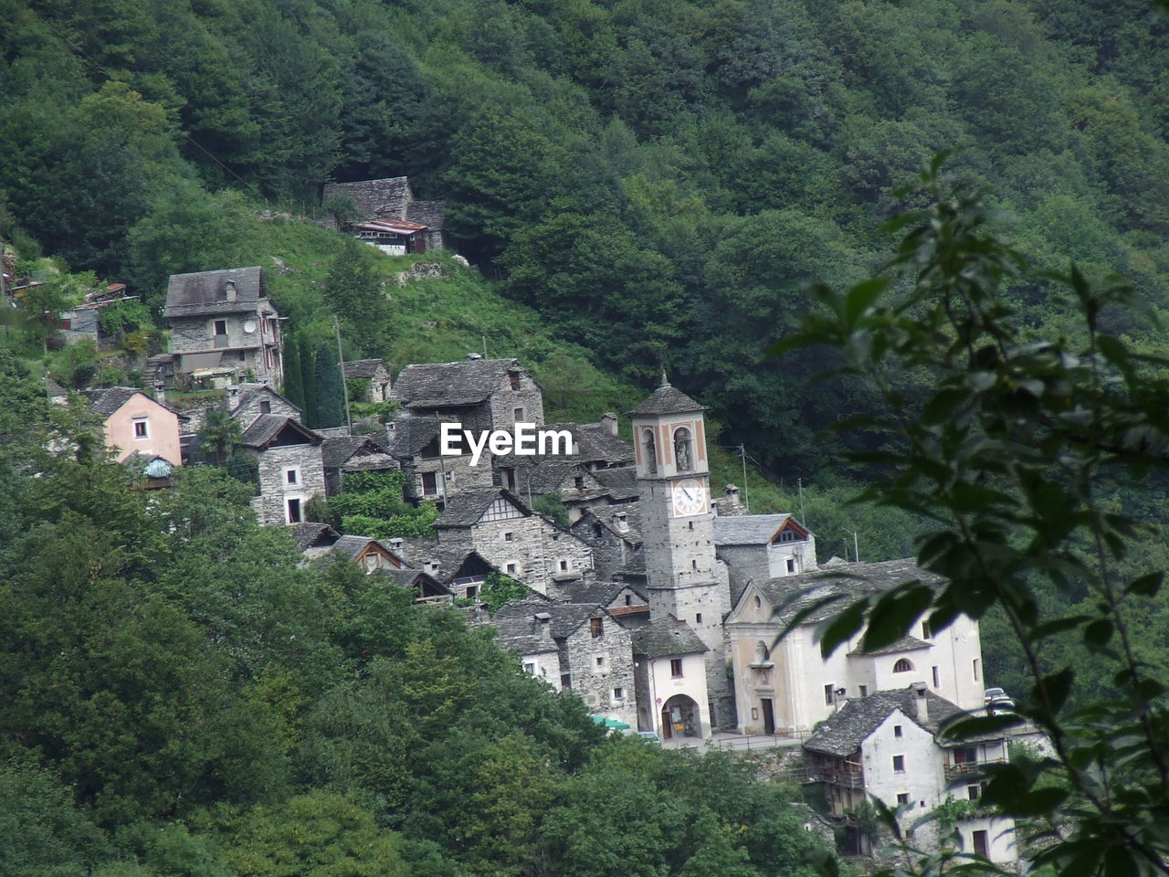 High angle view of castle and houses in old town