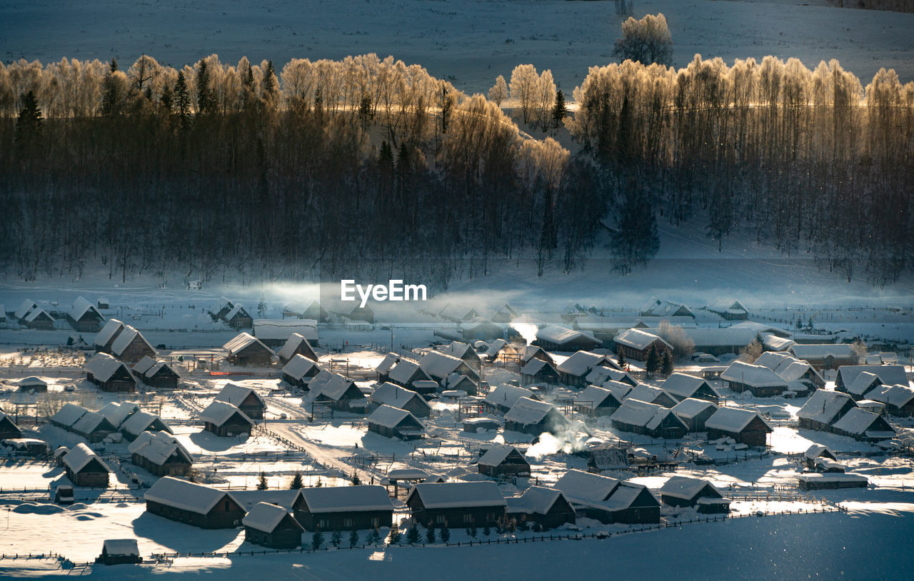 Snow covered houses and trees on landscape during winter