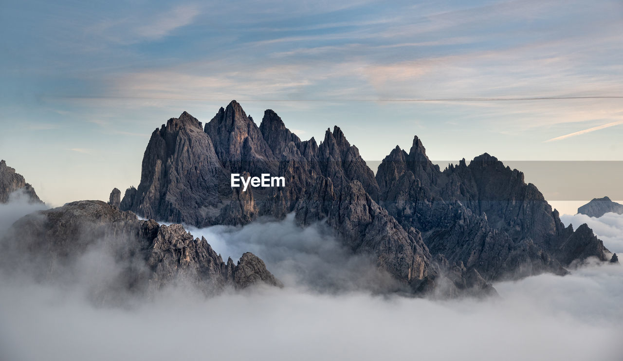 Mountain landscape  at sunset dolomite at tre cime hiking path area in south tyrol in italy.