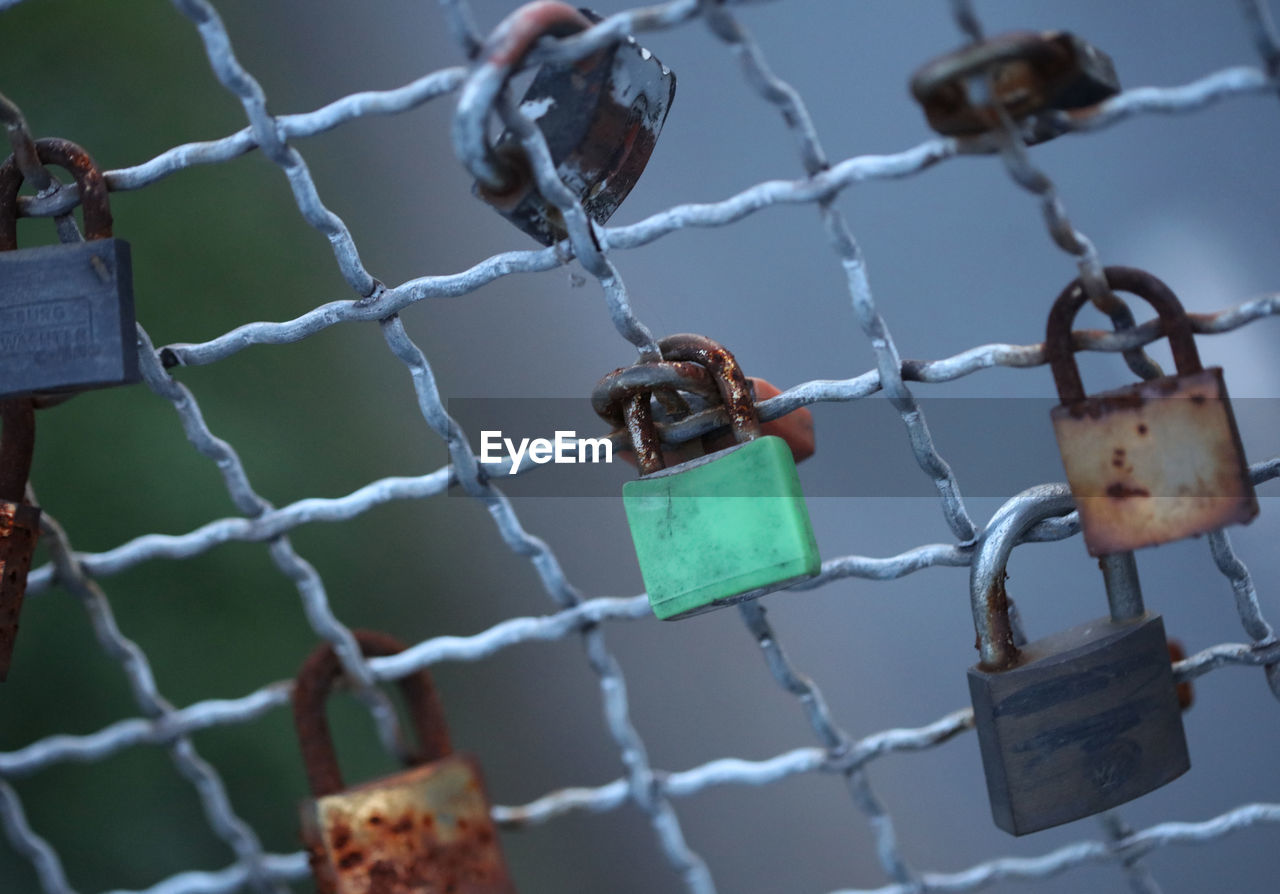 padlock, protection, security, fence, lock, metal, chainlink fence, hanging, blue, no people, emotion, nature, hope, positive emotion, love lock, outdoors, spring, day, love, wire mesh, architecture, wire, focus on foreground, close-up, rusty
