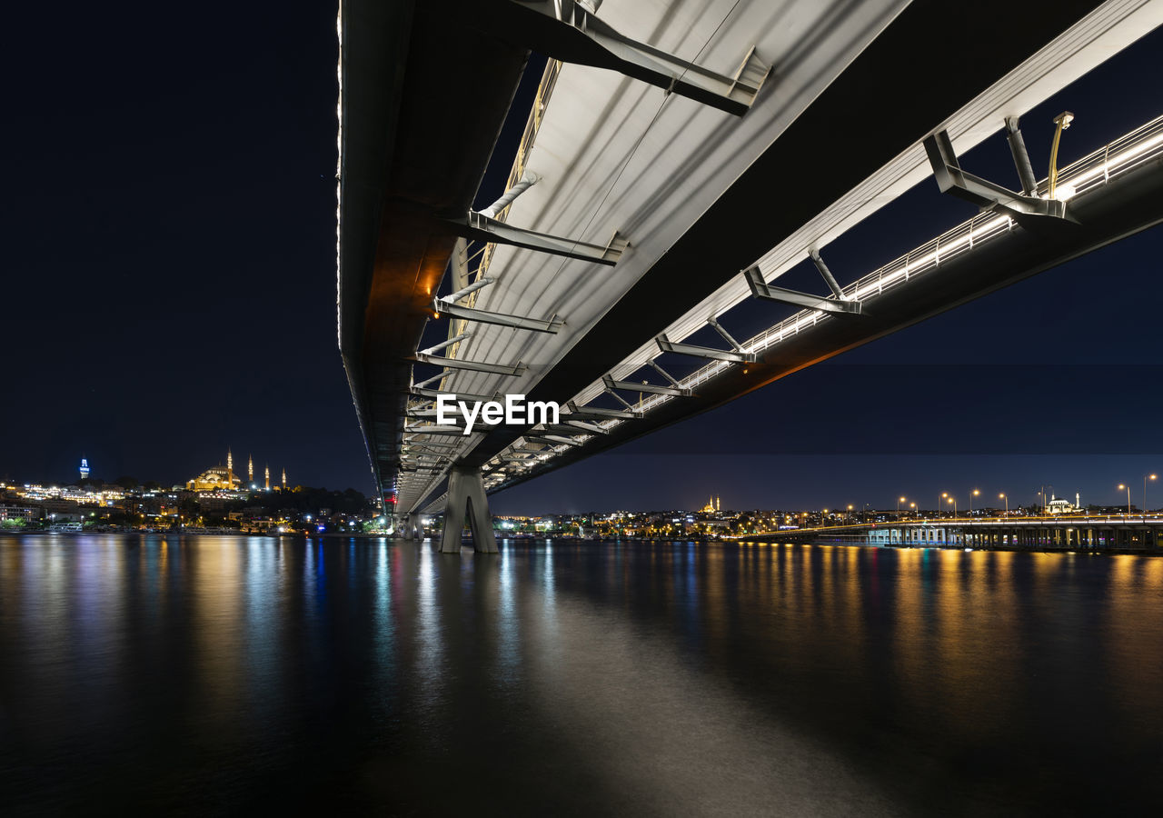 Illuminated bridge over river at night