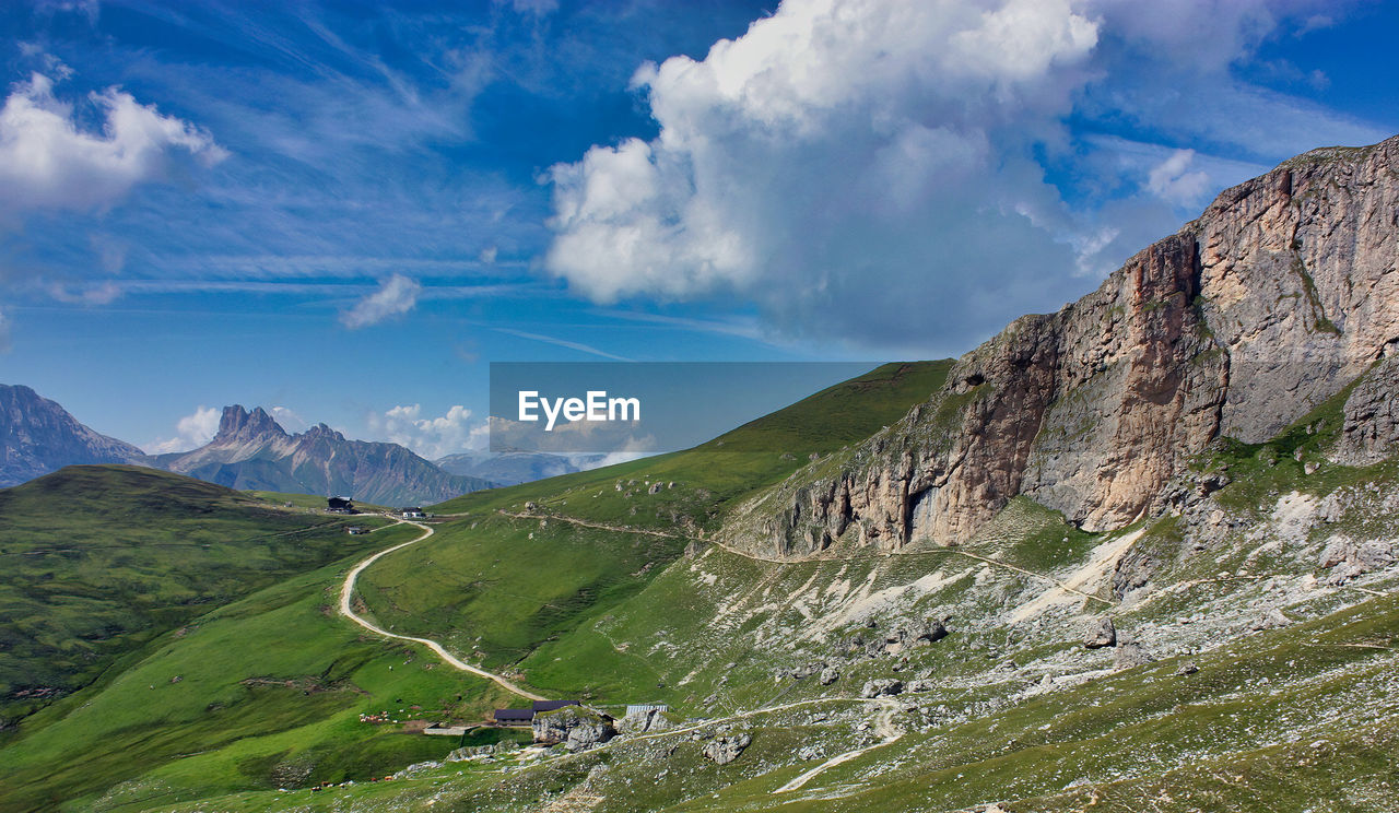 Panoramic view of mountain landscape with trail against cloud sky