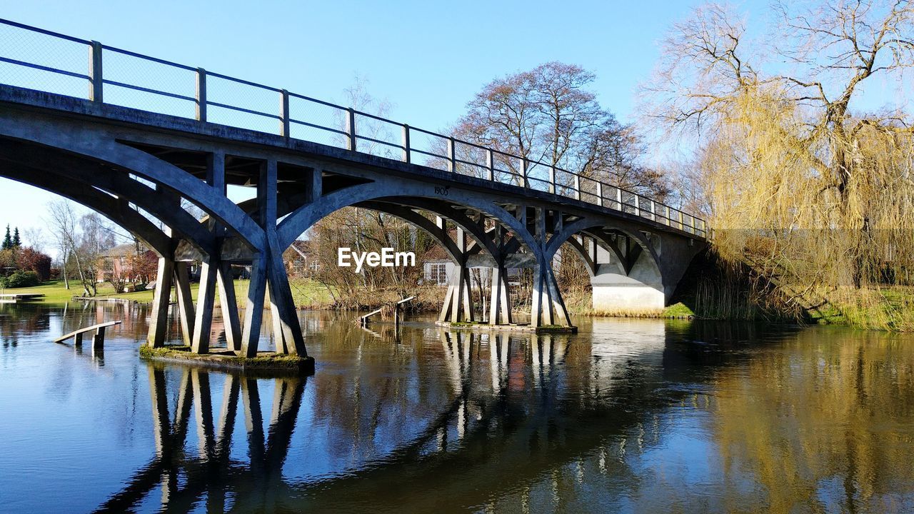 REFLECTION OF BRIDGE ON RIVER AGAINST SKY