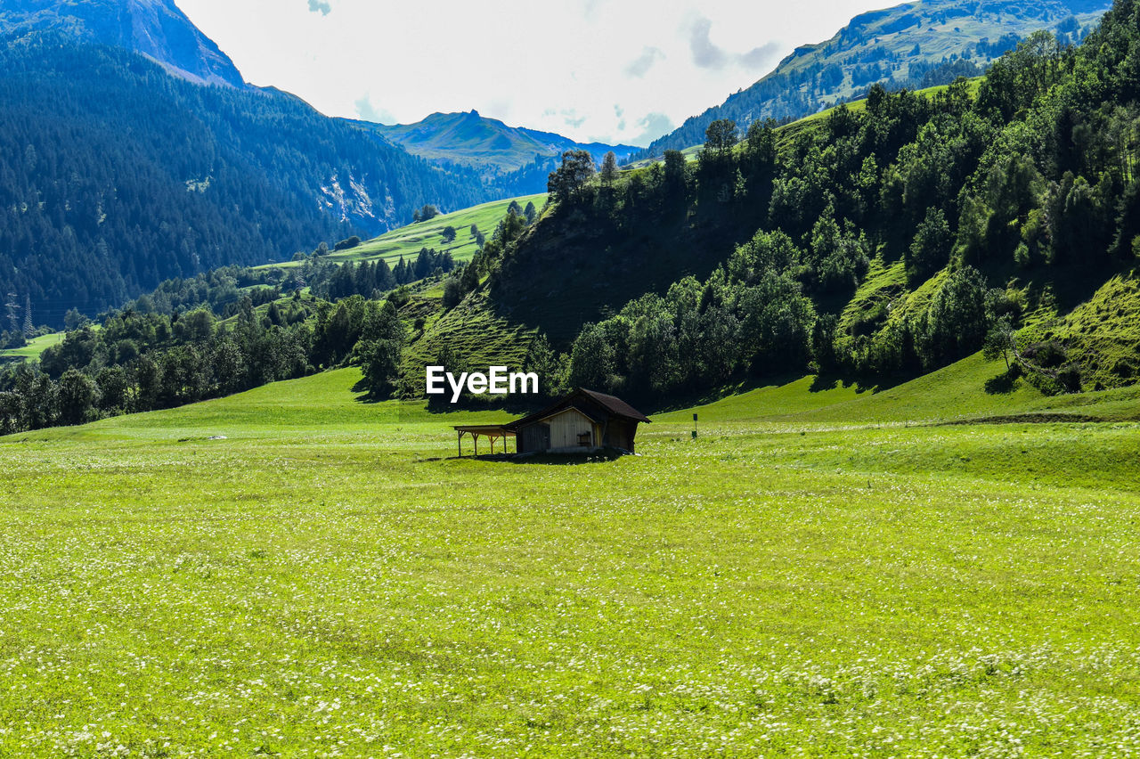 Scenic view of green mountains against sky