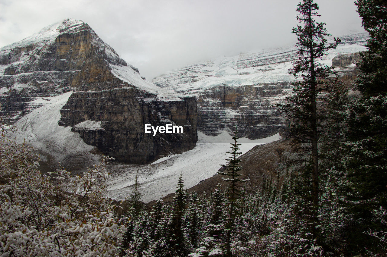 Spectacular aerial view of snow-capped mount lefroy on an autumn day, withthe glacier tongue.