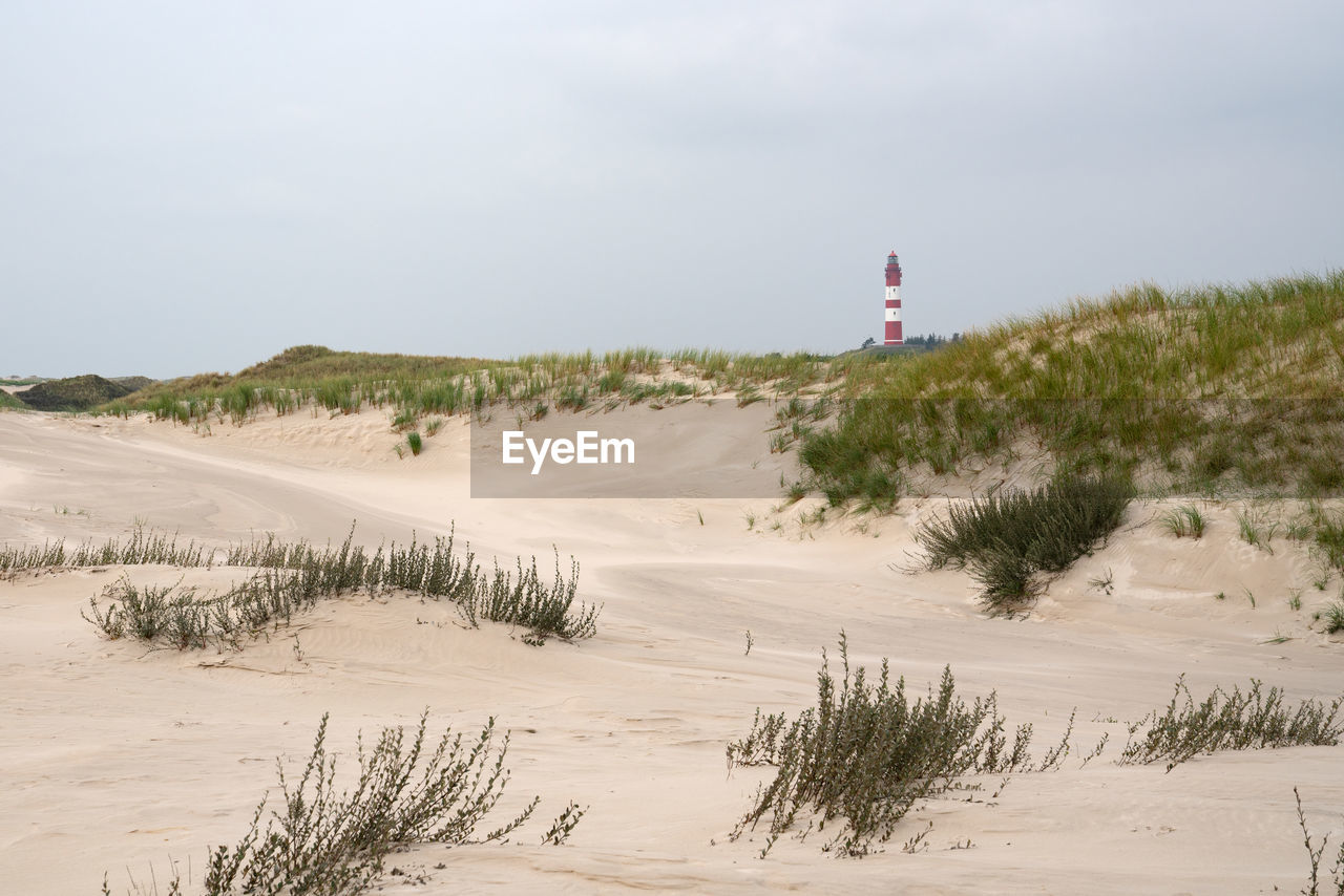 Panoramic image of the dunes of amrum with the lighthouse, germany