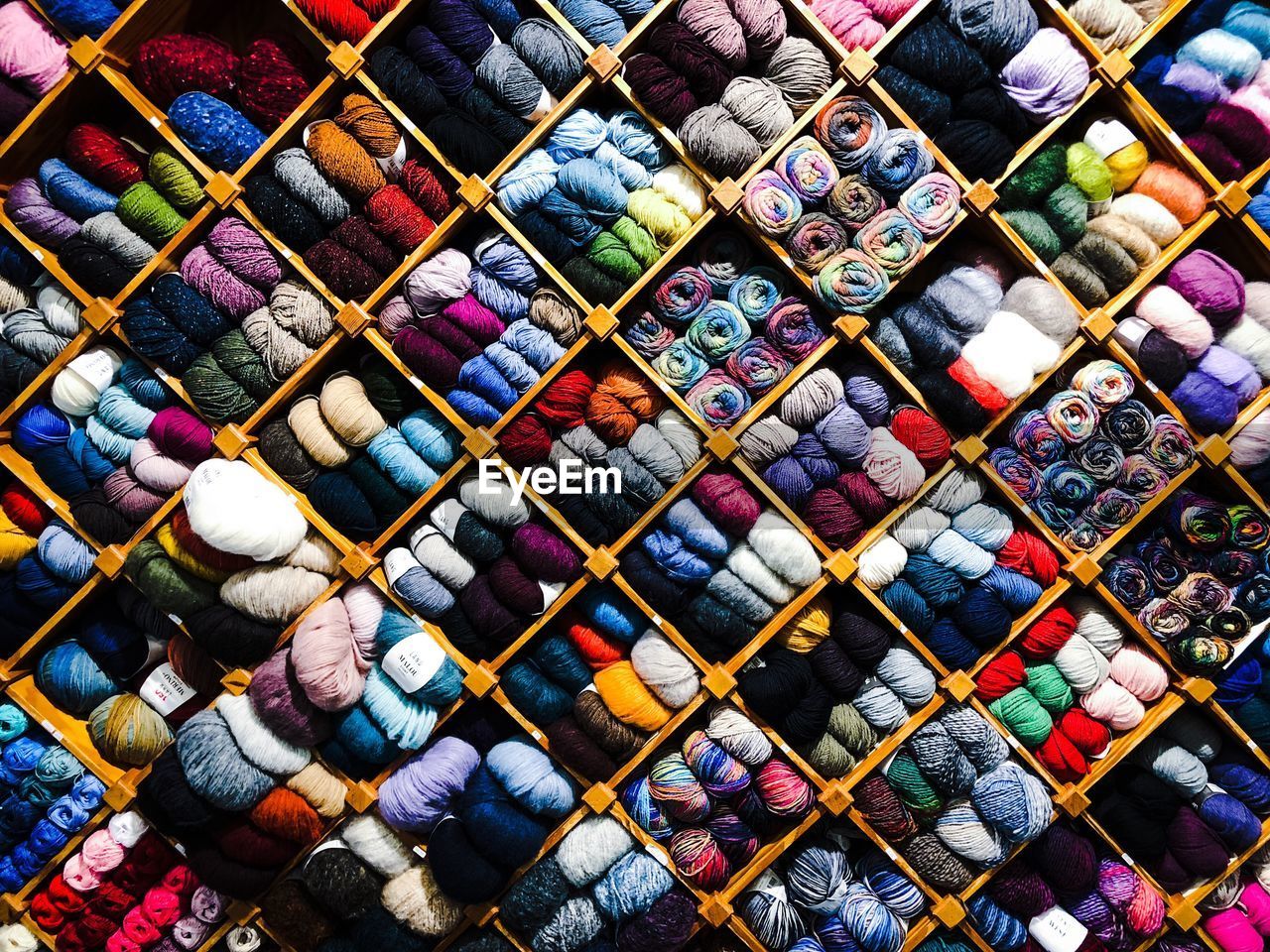 Full frame shot of multi colored wools and threads for sale