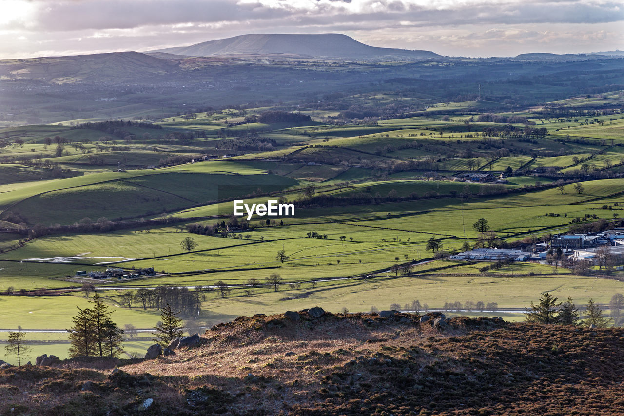 Pendle hill and barnoldswick from sharp haw above gargrave.