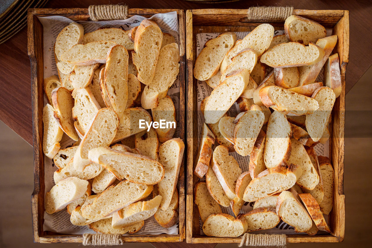 Slices of bread in wooden basket