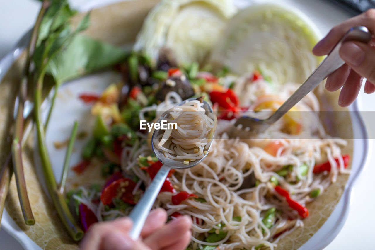 Cropped hands having papaya salad