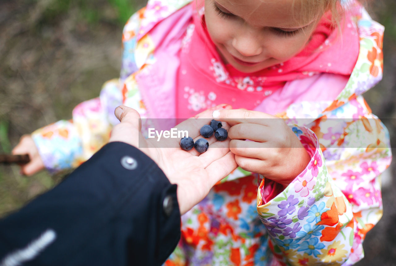 Little blondie girl taking blackberries from mother hand