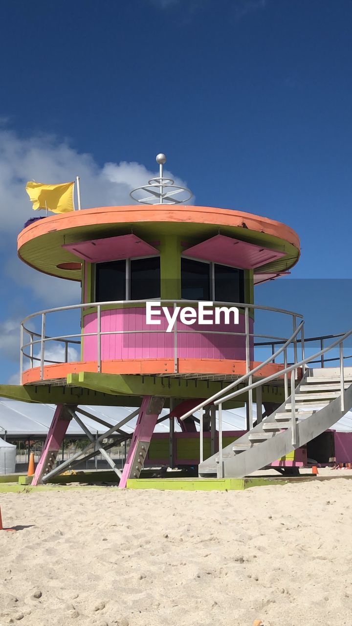 Built structure on beach against clear blue sky