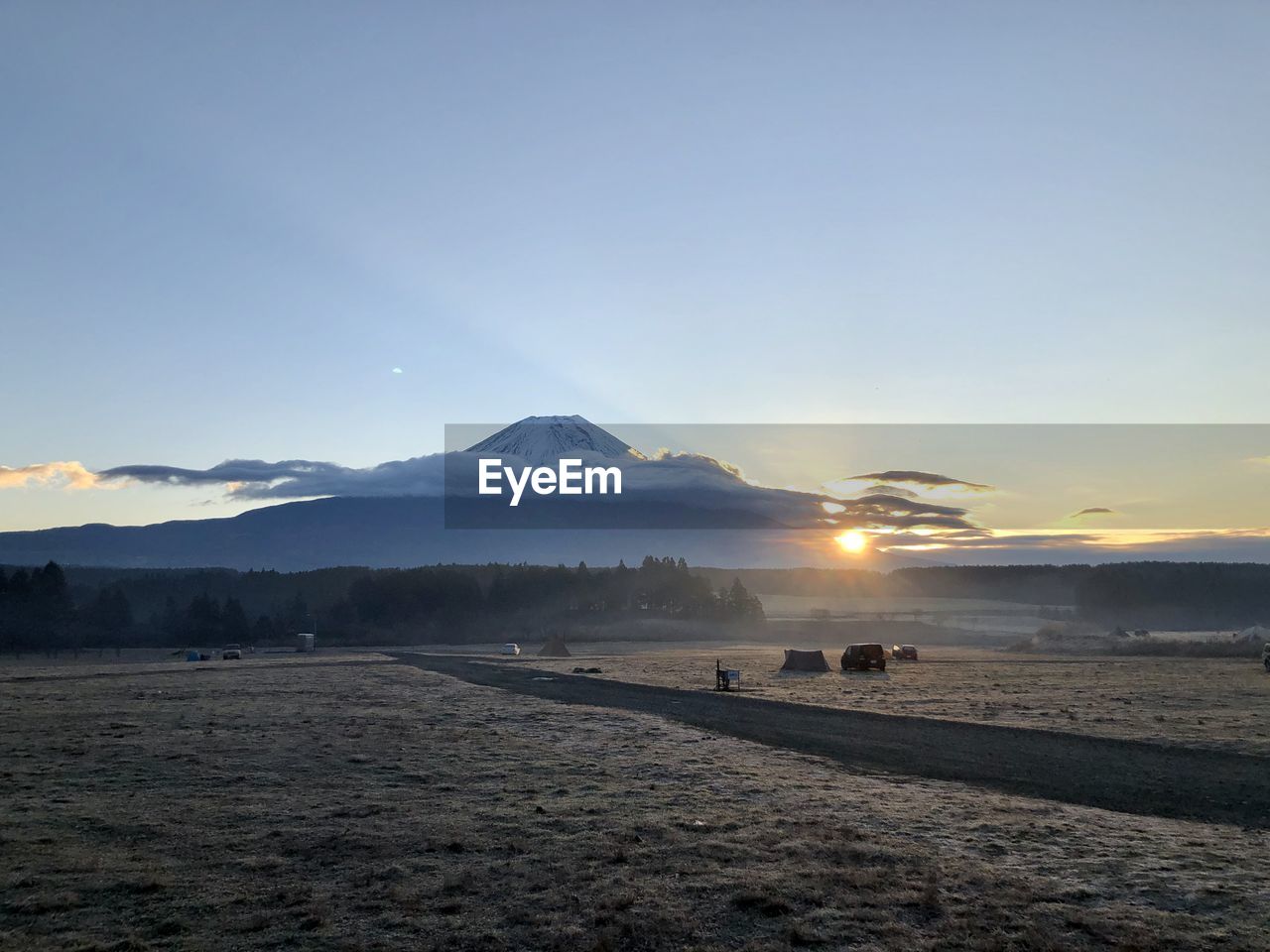 Scenic view of field against sky during sunrise, mt.fuji