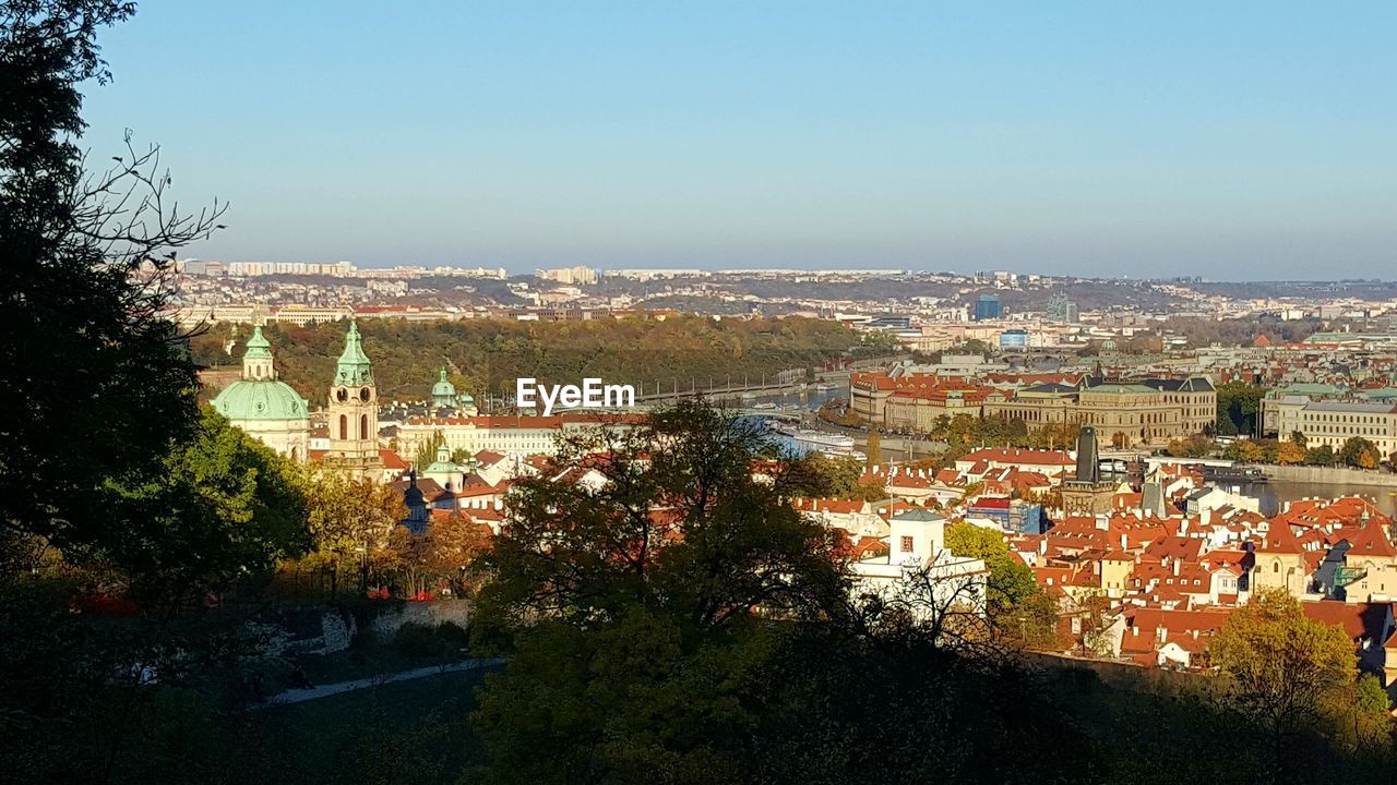 High angle view of town against clear sky