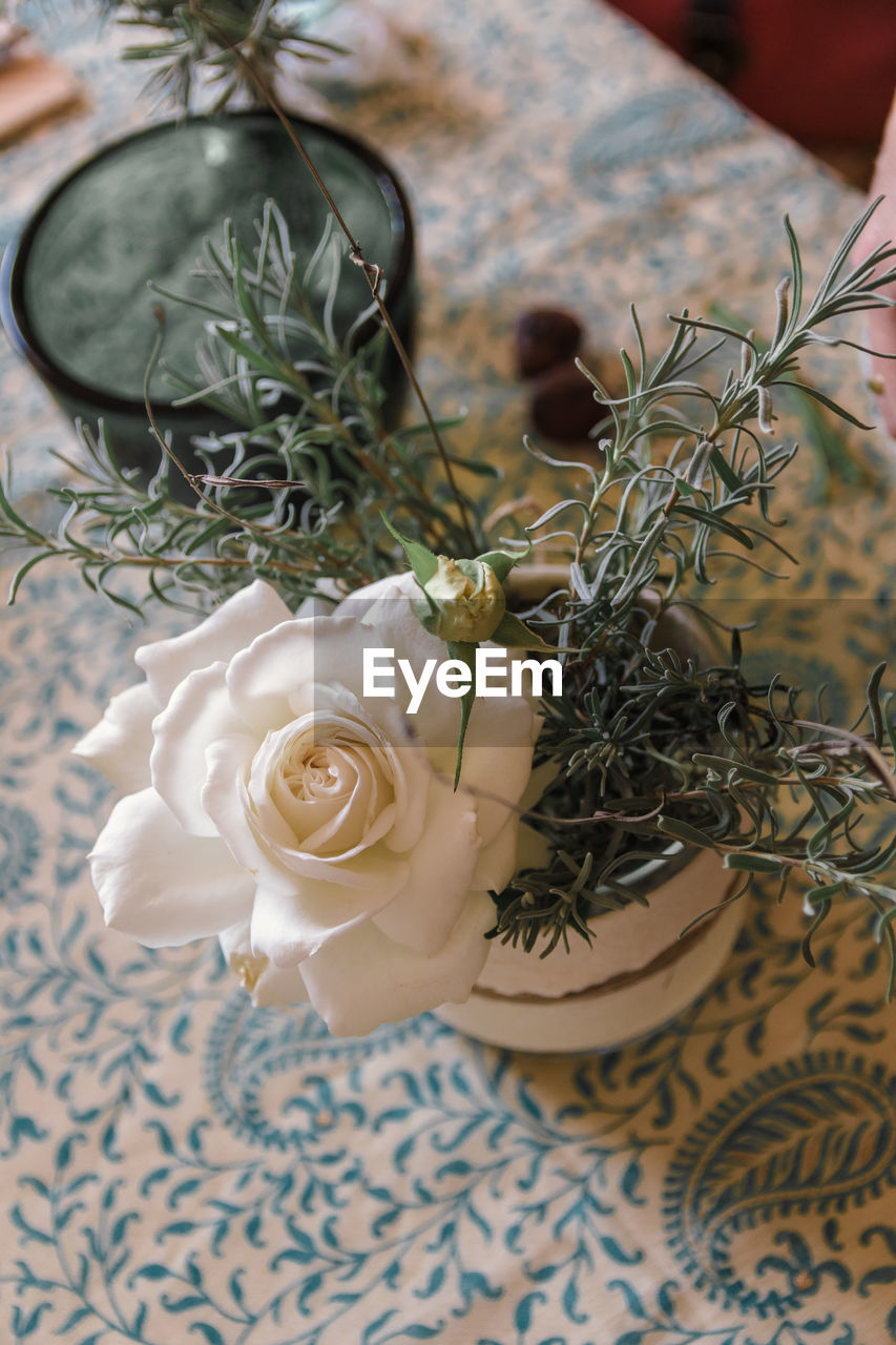 High angle view of rose bouquet on table