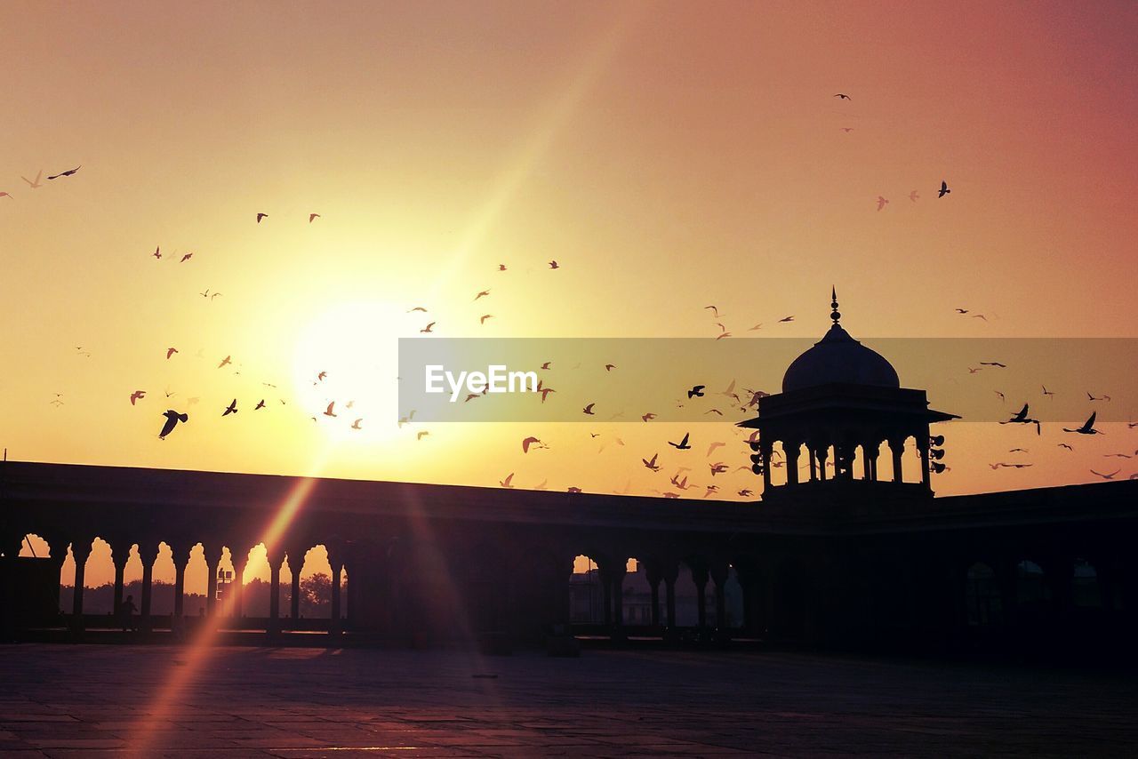 Low angle view of silhouette birds flying over jama masjid against orange sky during sunset