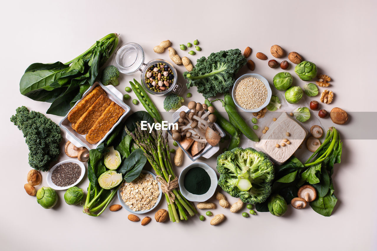 Variety of healthy vegan, plant based protein source and body building food. view from above