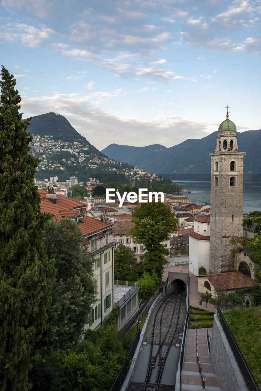 High angle view of townscape lugano  by building against sky