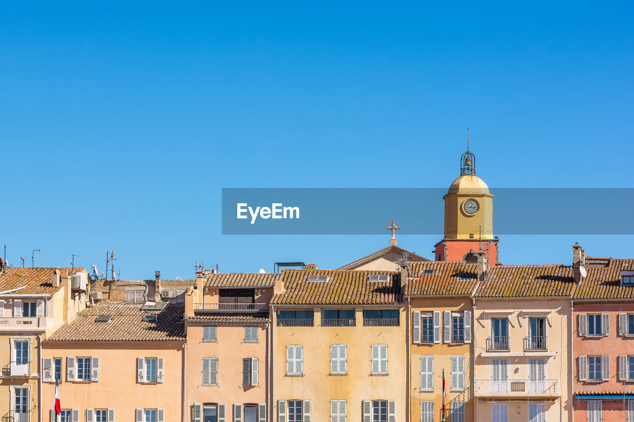 Scenic view of saint tropez against clear summer blue sky