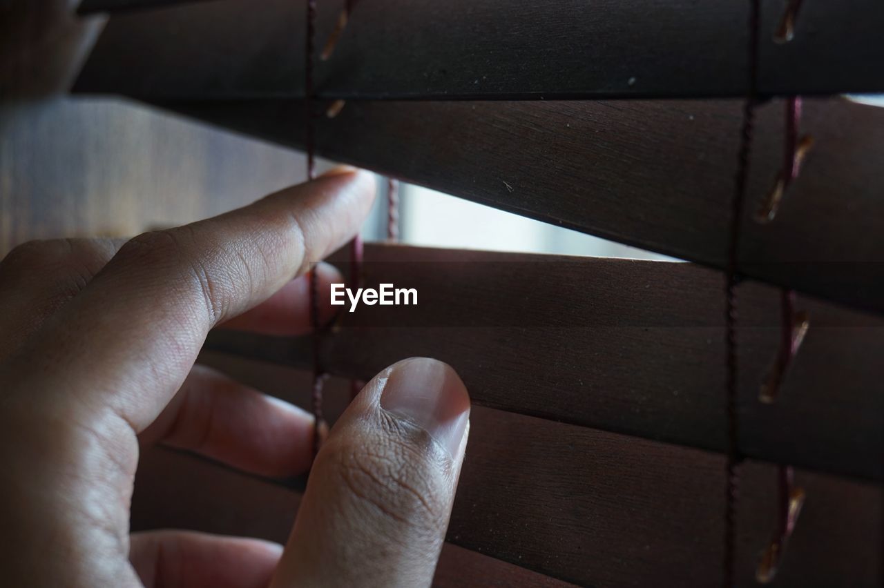 Cropped hand of person holding window blinds