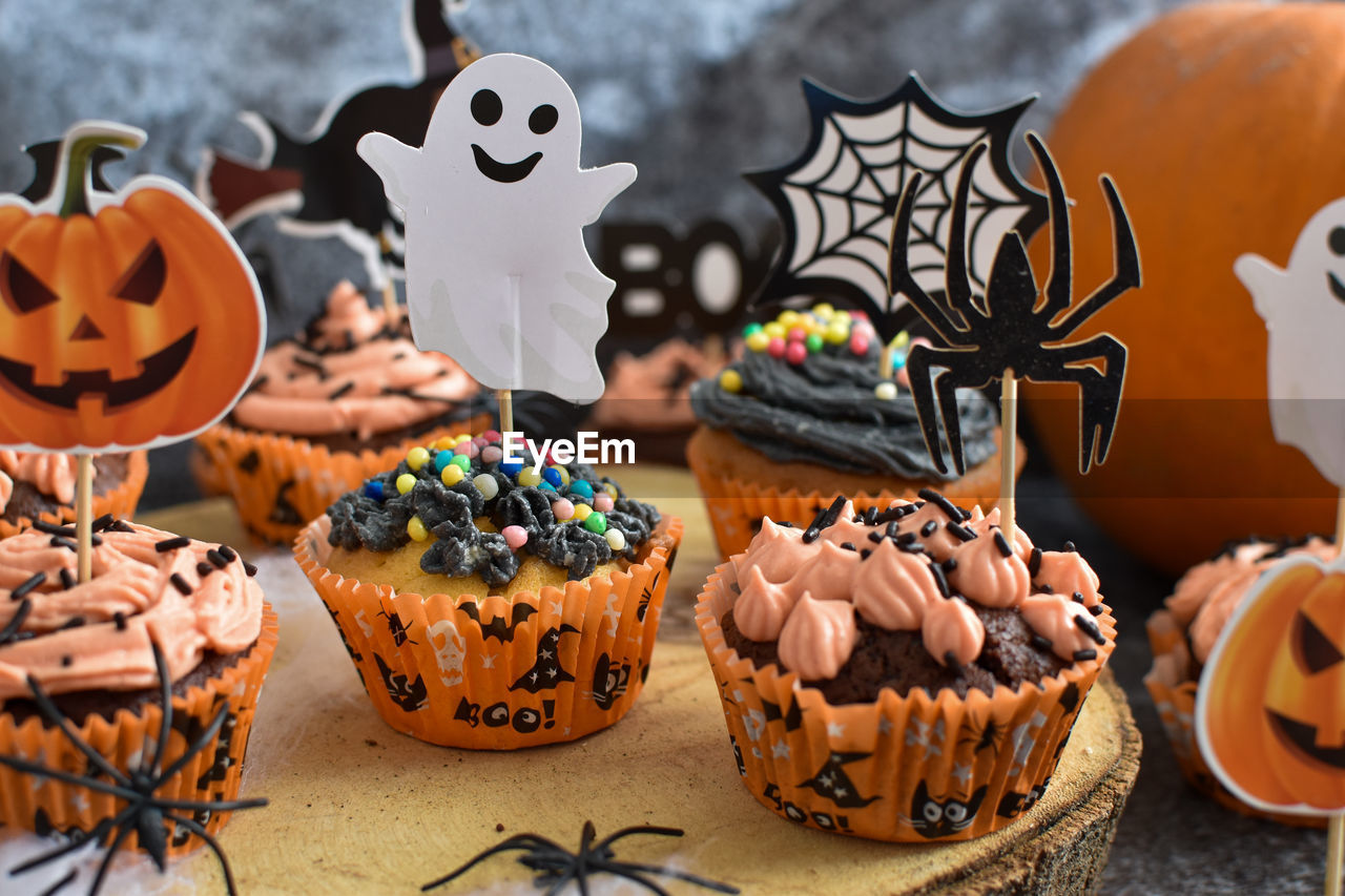 Close-up of halloween themed cupcakes
