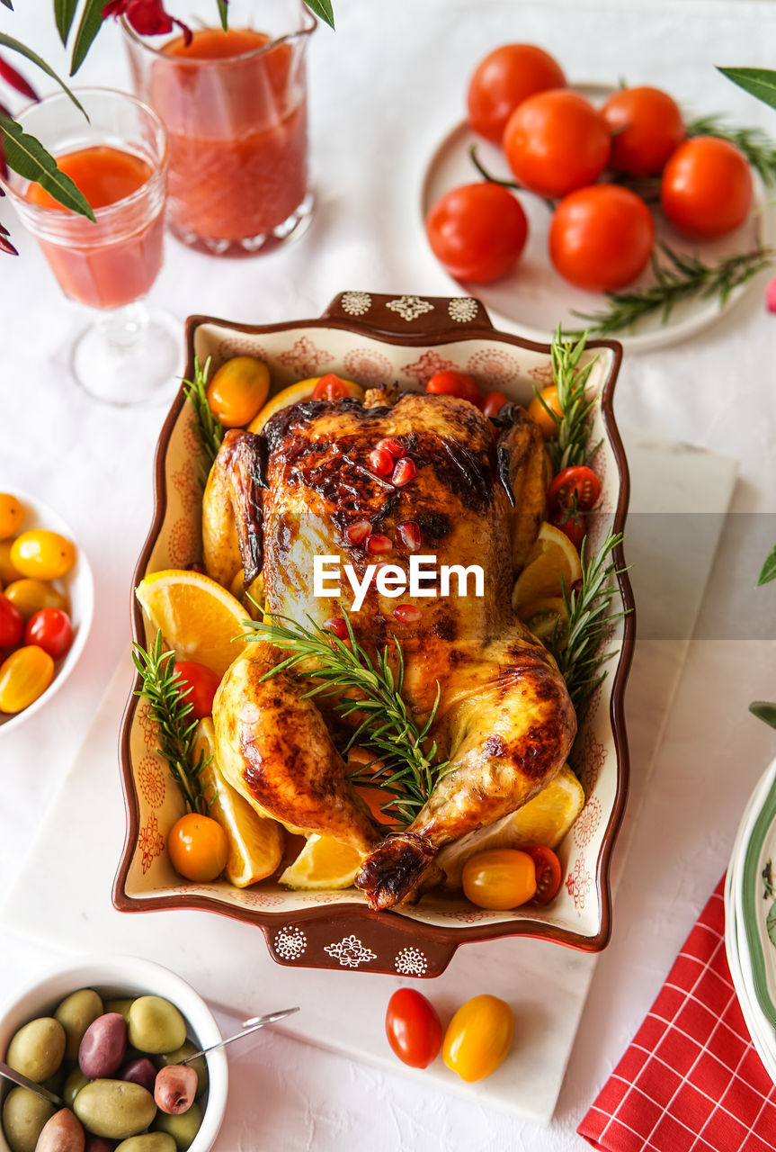 Baked chicken in the oven, homemade summer lunch.