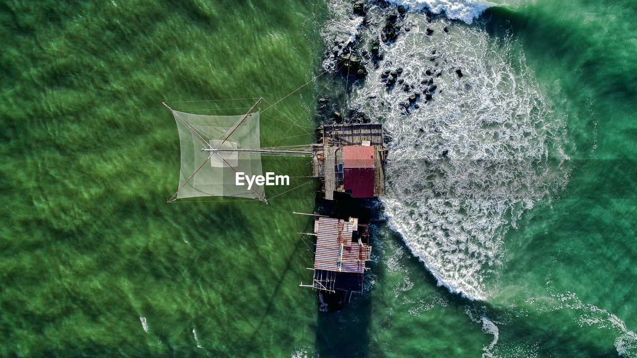 Aerial view of fishing net in sea